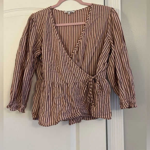 Madewell Puff-Sleeve Peplum Wrap Top in Stripe - Picture 2 of 10